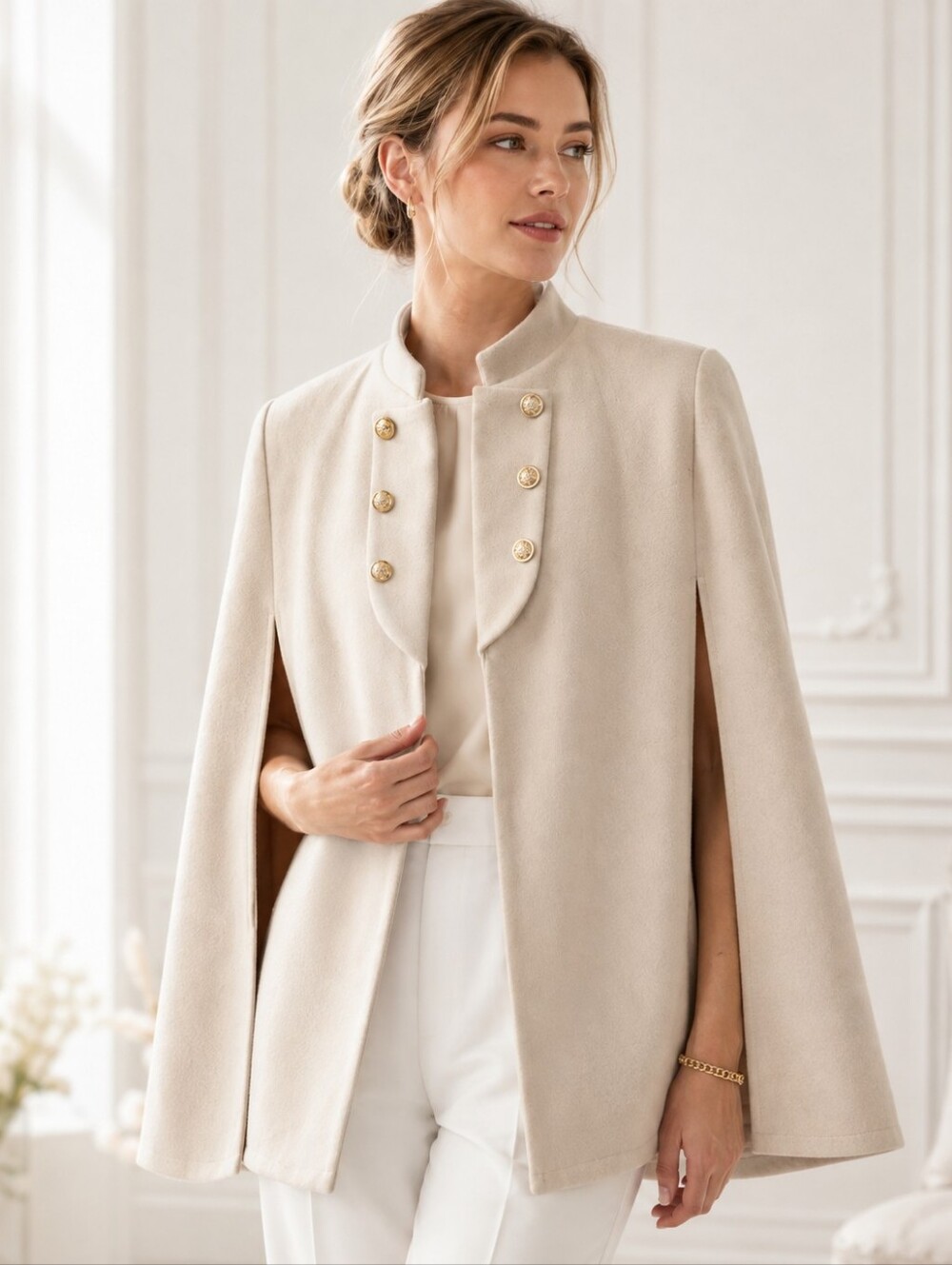 Ivory Cape Coat XL Gold Buttons Quiet Luxury Elegant